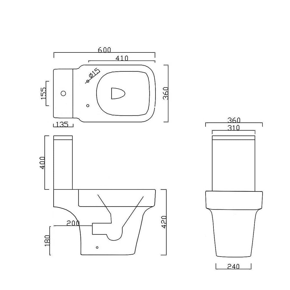 Close coupled Aqua Medici toilet with soft close seat and cistern, 360x600mm, by Tuskan Tiles, shown with clean white finish.