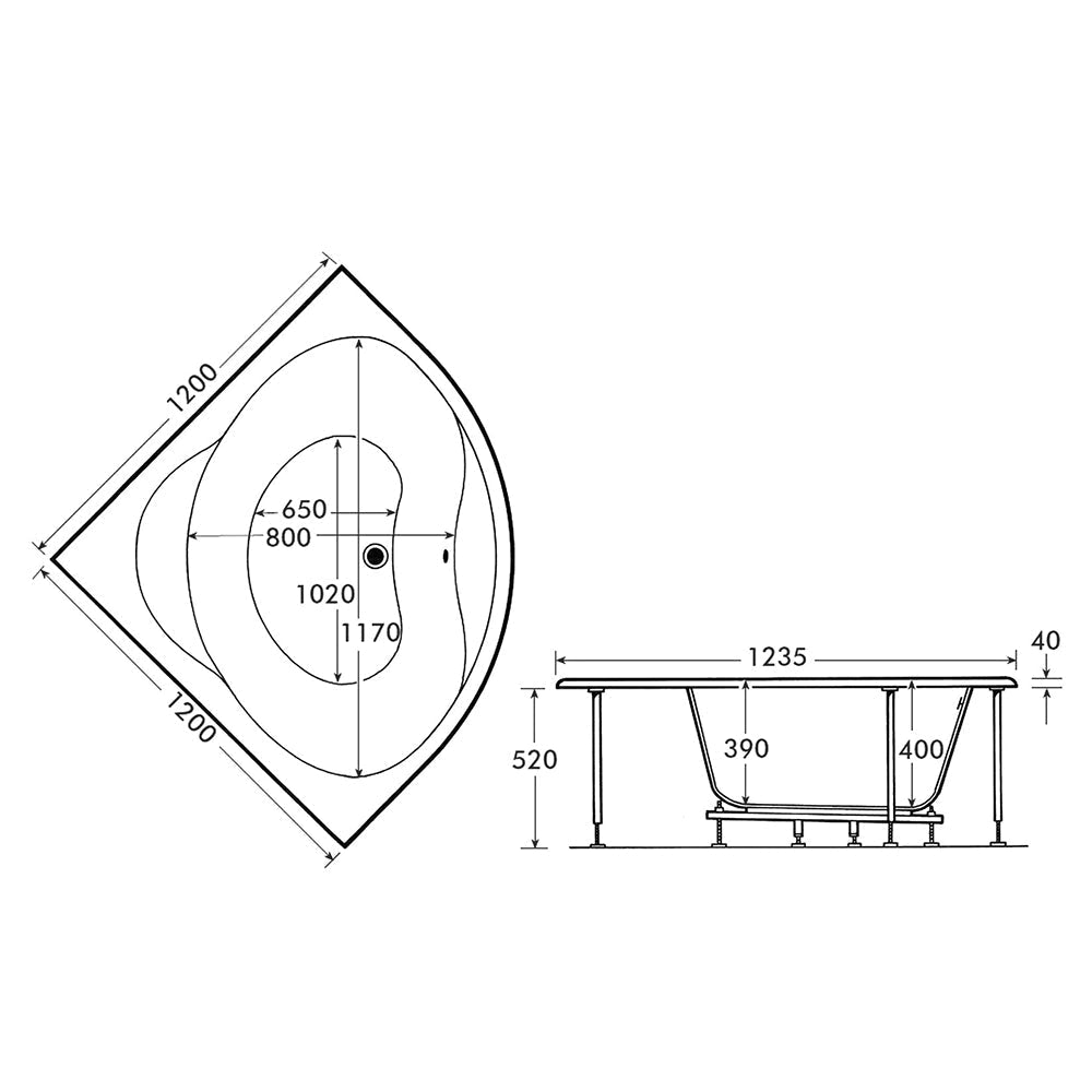 White double-ended corner whirlpool bath by Tuskan Tiles with 6 to 12 jets, measuring 1200x1200mm, designed for relaxing baths.