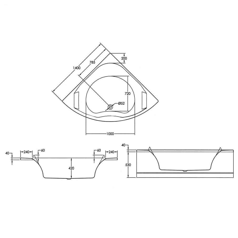 Tuskan Tiles Aqua Luxe corner whirlpool bath with built-in headrest, 6 to 22 jets, 1400x1400mm size, shown in the image.