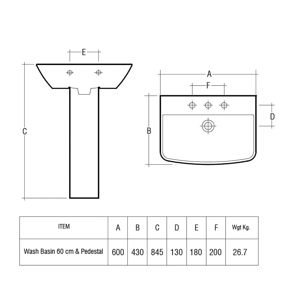 RAK Summit 1 Tap Hole White Basin With Full Pedestal 600mm