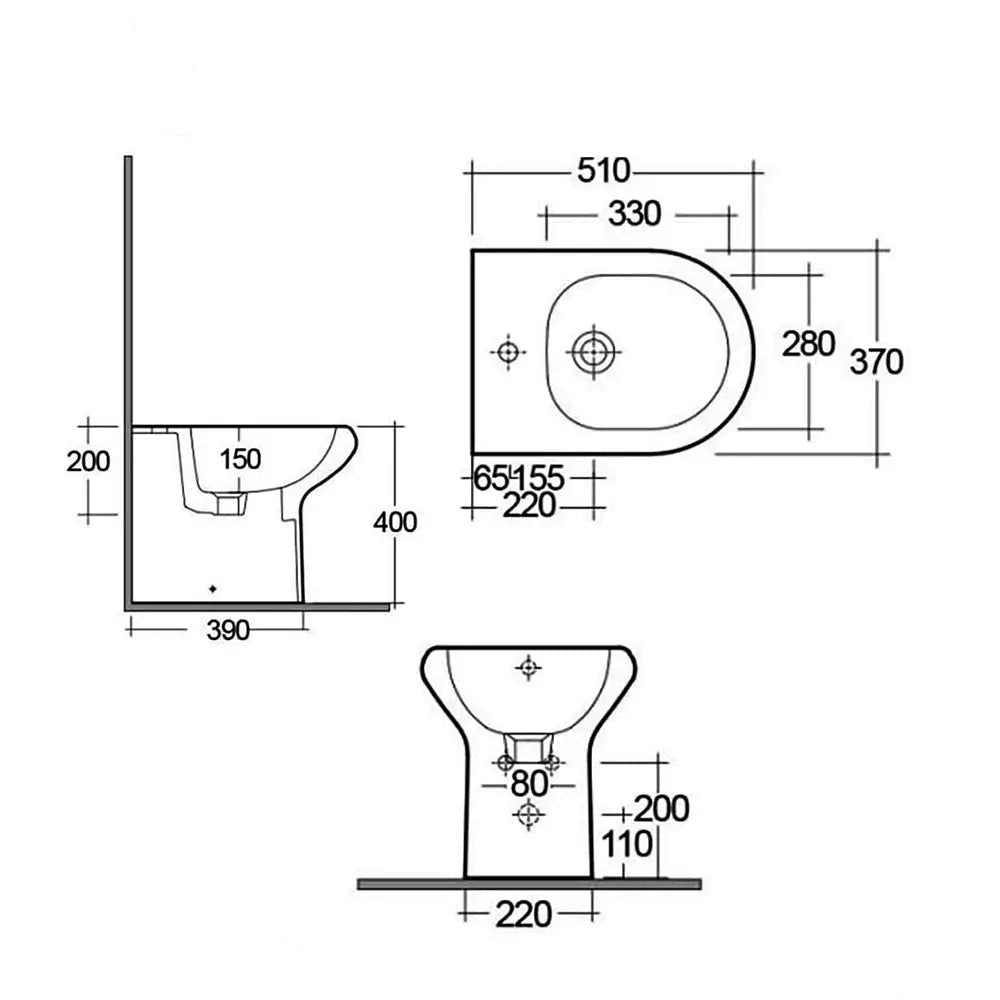 Compact Tuskan Tiles RAK Special Needs Back To Wall Bidet with 510mm projection, featuring sleek white ceramic design.