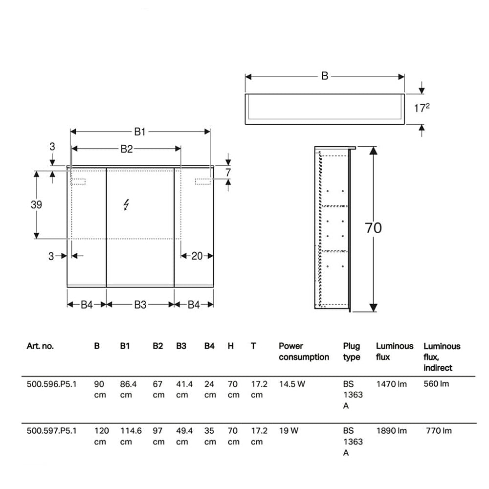Geberit Option-Plus Mirror Cabinet with LED Light and Power Socket - 3 Door - 700mm High - Tuskan Tiles