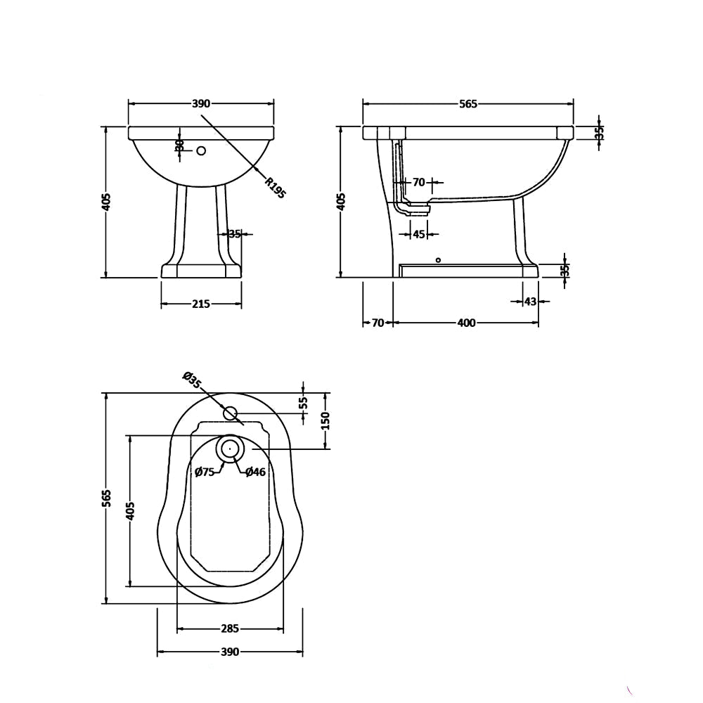 White Hudson Reed Richmond traditional floorstanding bidet with dimensions 390x565mm, shown in a modern bathroom setting.