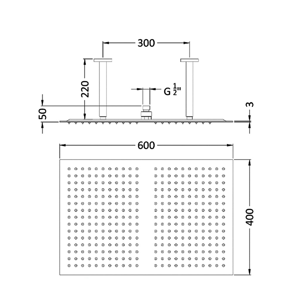 Hudson Reed Rectangular Ceiling Shower Head with Arm - Stainless Steel - 600 x 400mm