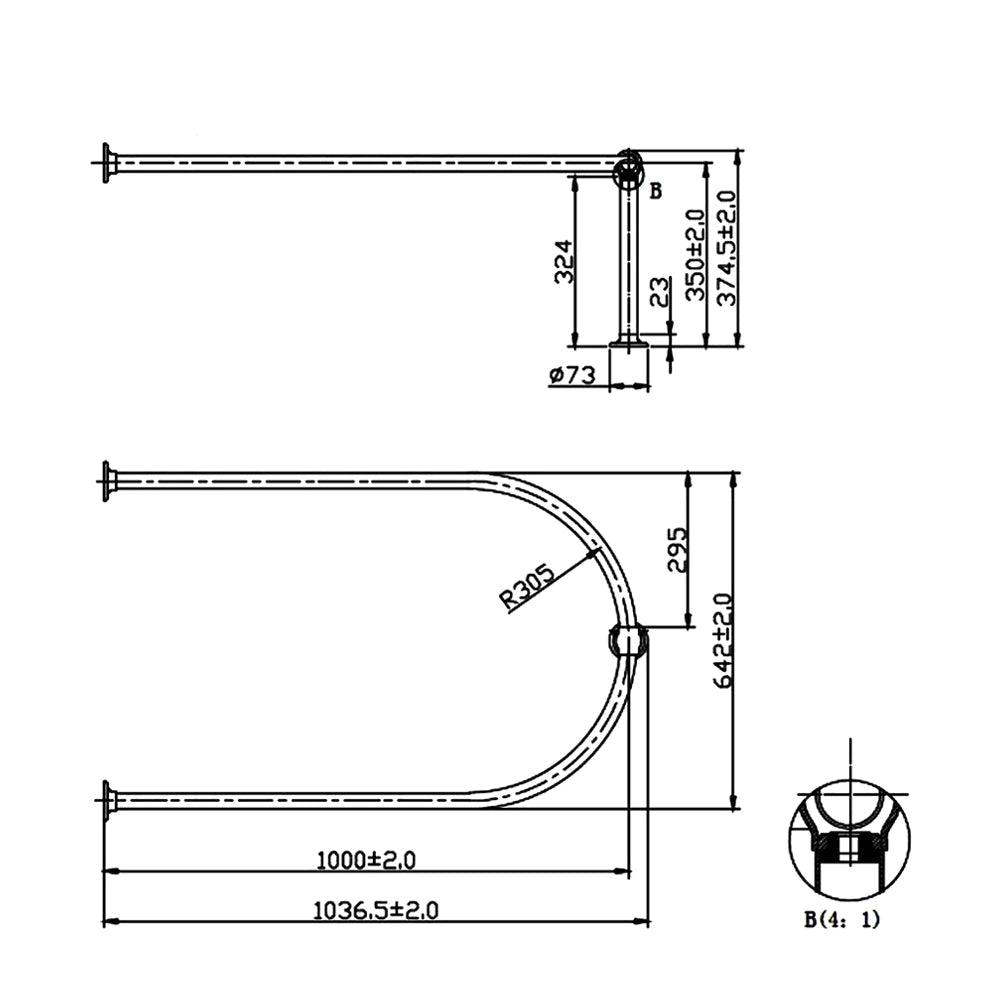 Technical drawing of a curved metal rod with dimensions and QS Supplies logo.