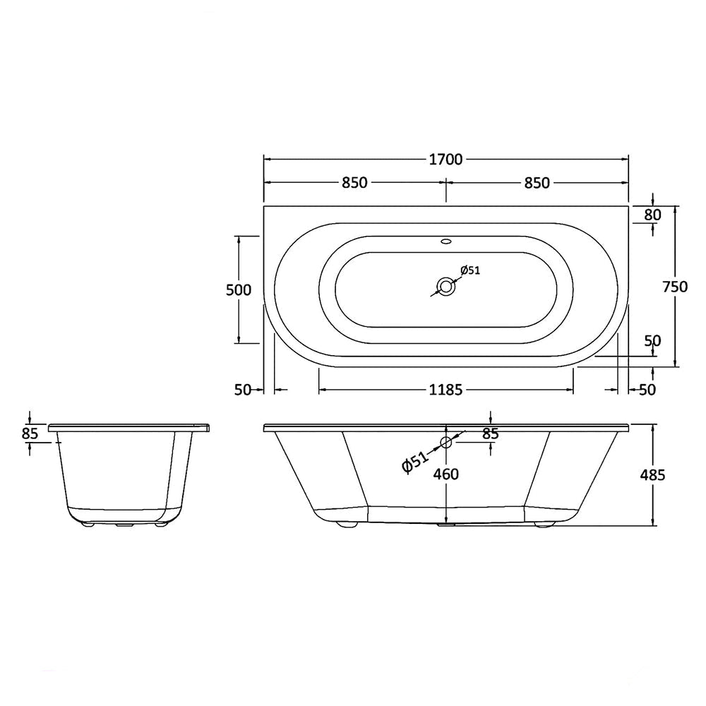 Acrylic Kenton traditional back-to-wall roll-top bath with legs, measuring 1700x750mm, shown in a bathroom setting.