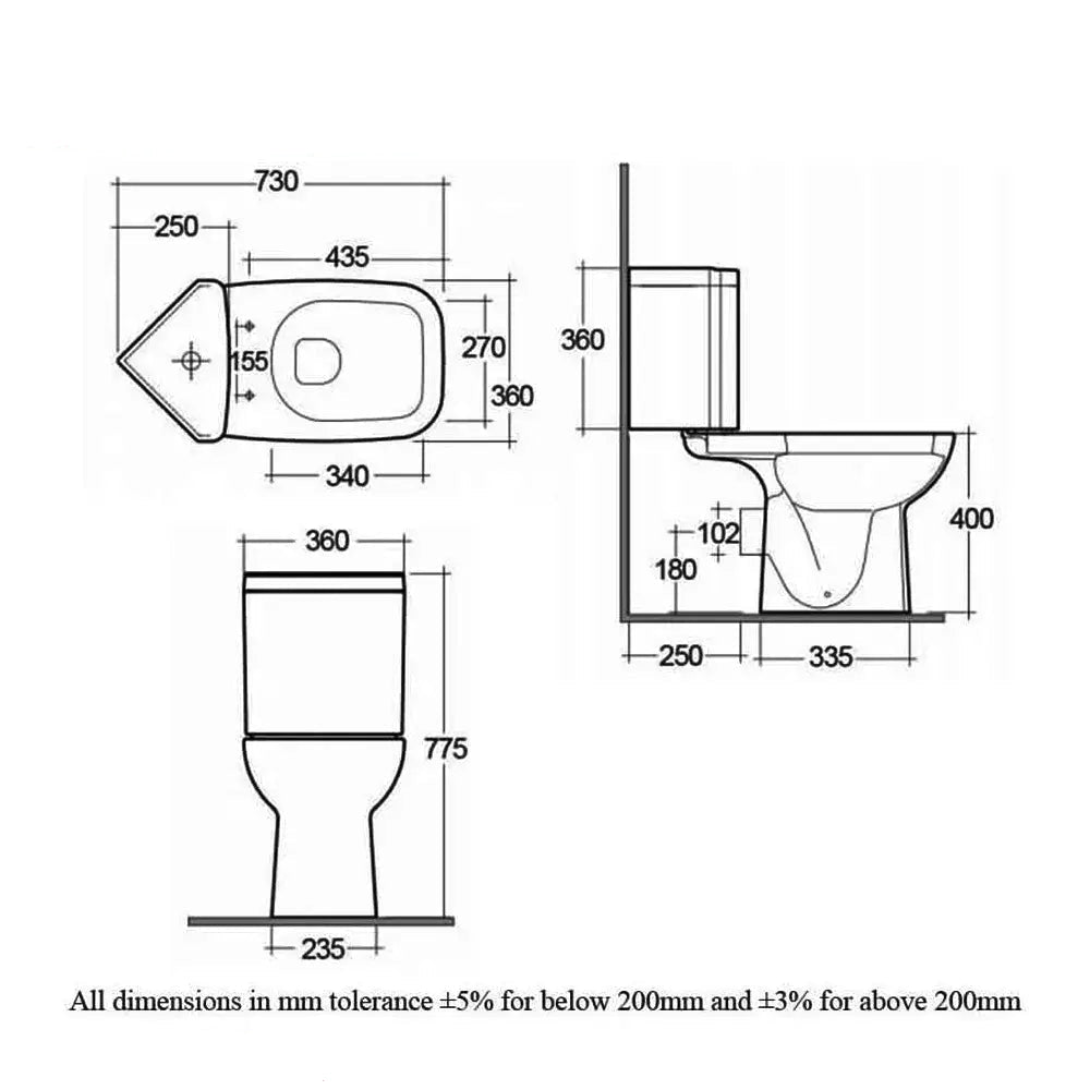 Tuskan Tiles RAK Origin close coupled corner toilet pack with cistern and soft close seat, open back, full access design.