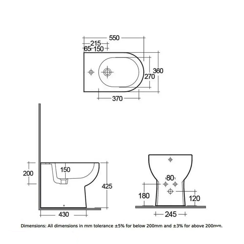 Contemporary Tuskan Tiles RAK Tonique white back-to-wall bidet with floorstanding design, measuring 360x550mm.