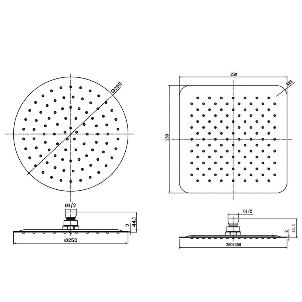 RAK Black Ultra-Slim Fixed Shower Head - 1 Spray Mode - 250 x 250mm