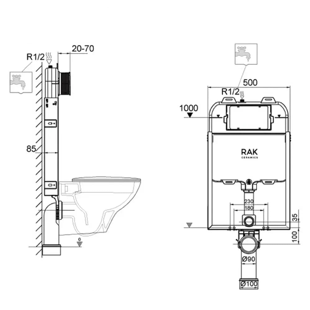 Metal slimline wall-hung toilet frame with hidden cistern, 500x1000mm, by Tuskan Tiles, shown with mounting components and structure.
