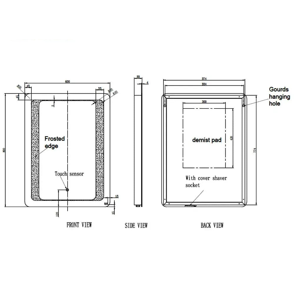 RAK Tanzanite Rectangular Frontlit LED Illuminated Mirror with Demister Pad - 600 x 800mm