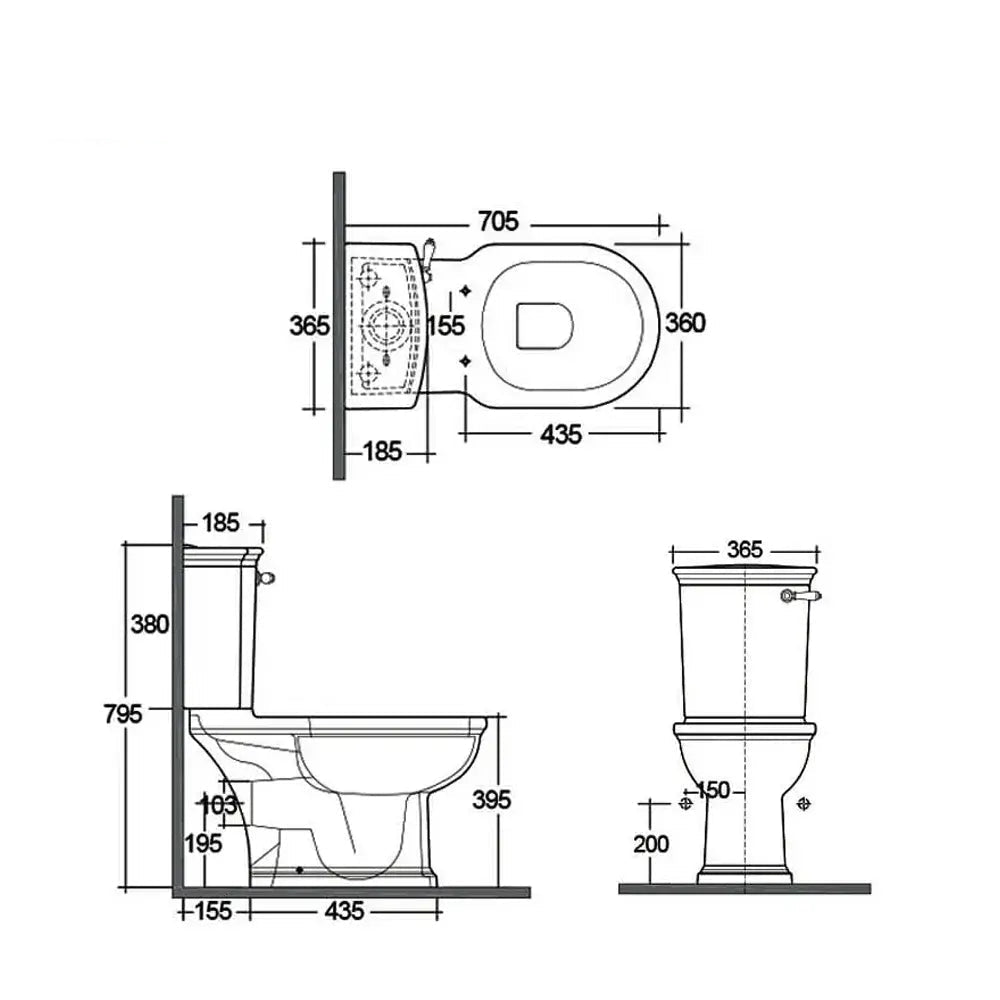 Close coupled WC pan with cistern and soft-close wooden seat, Tuskan Tiles RAK Washington bathroom fixture, 360x705mm