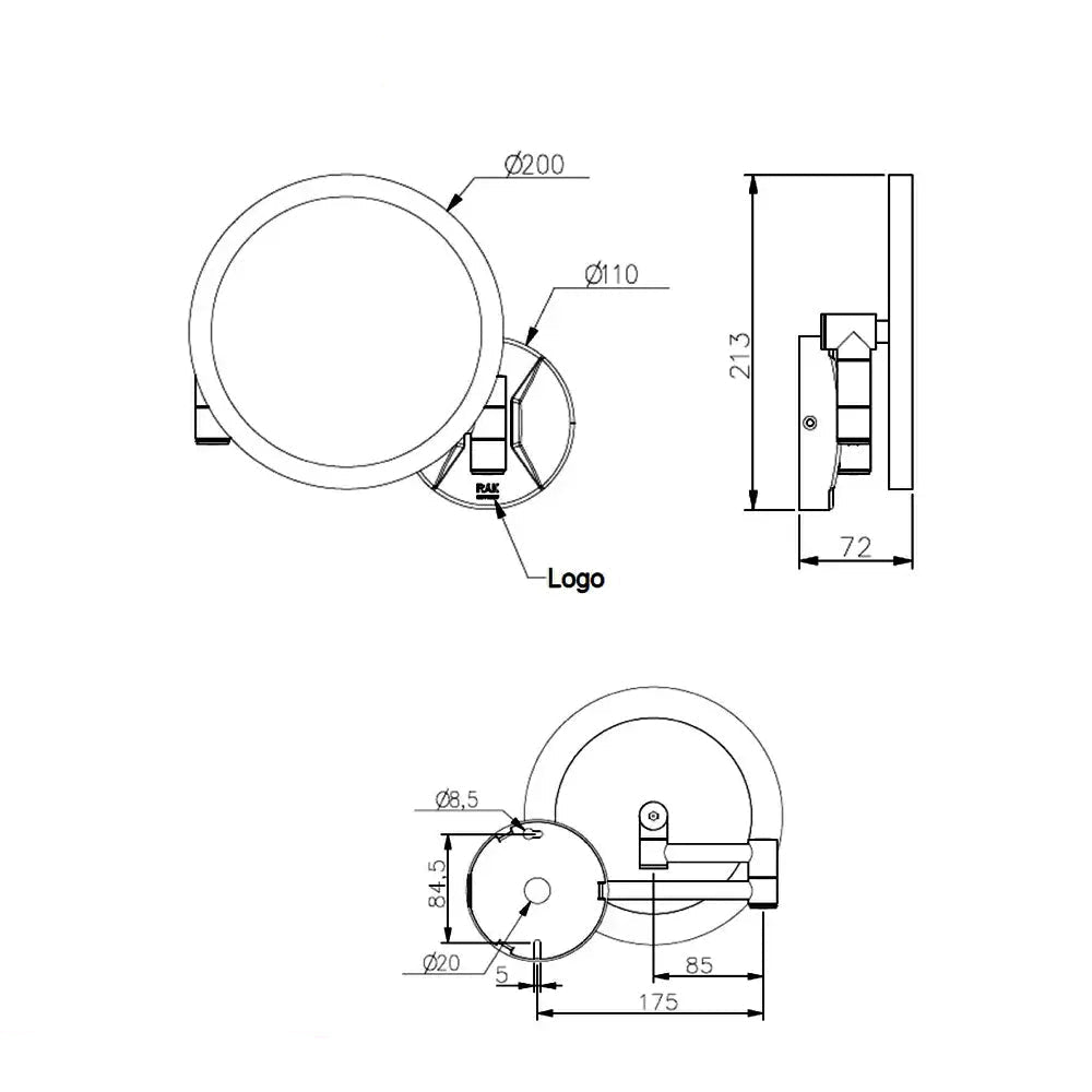 RAK Demeter Plus Round LED Mirror with Magnetic Pull-Out Switch 200 x 213mm - 3x Zoom