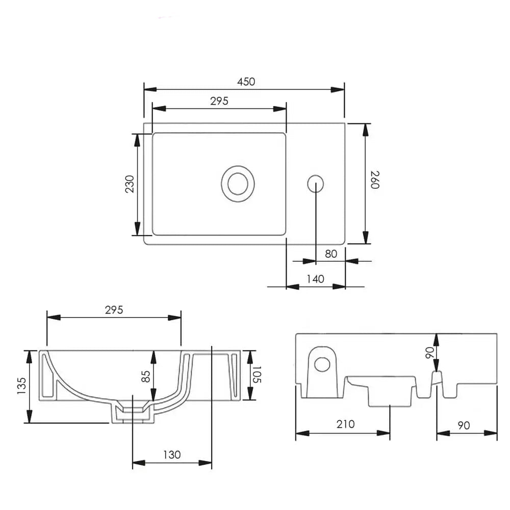 Tavistock Dimension White Wall Hung 460mm Basin - 1 Right Hand Tap Hole