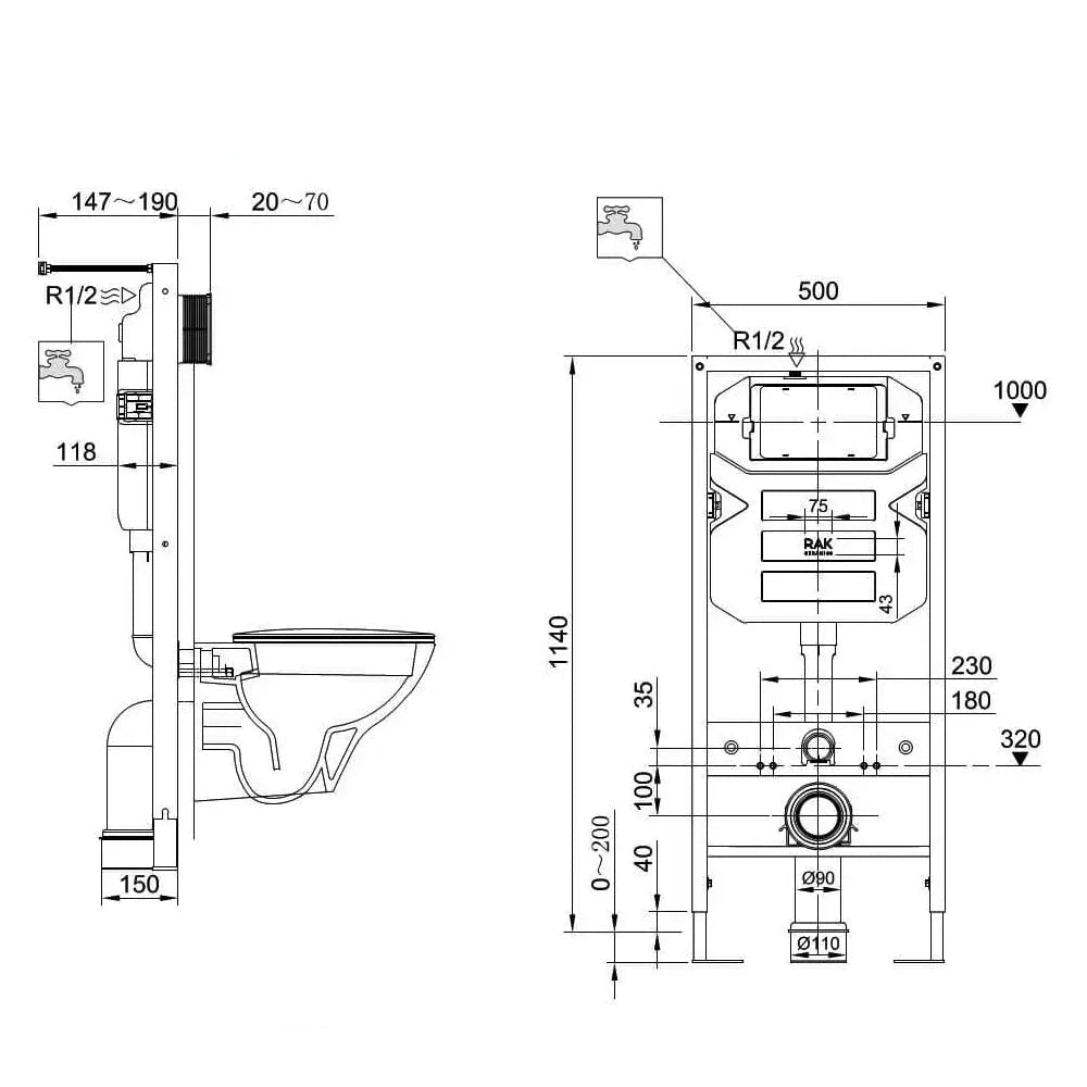 RAK Ecofix Frame with 12cm Concealed Cistern for Wall Hung Toilet - 500 x 1140mm