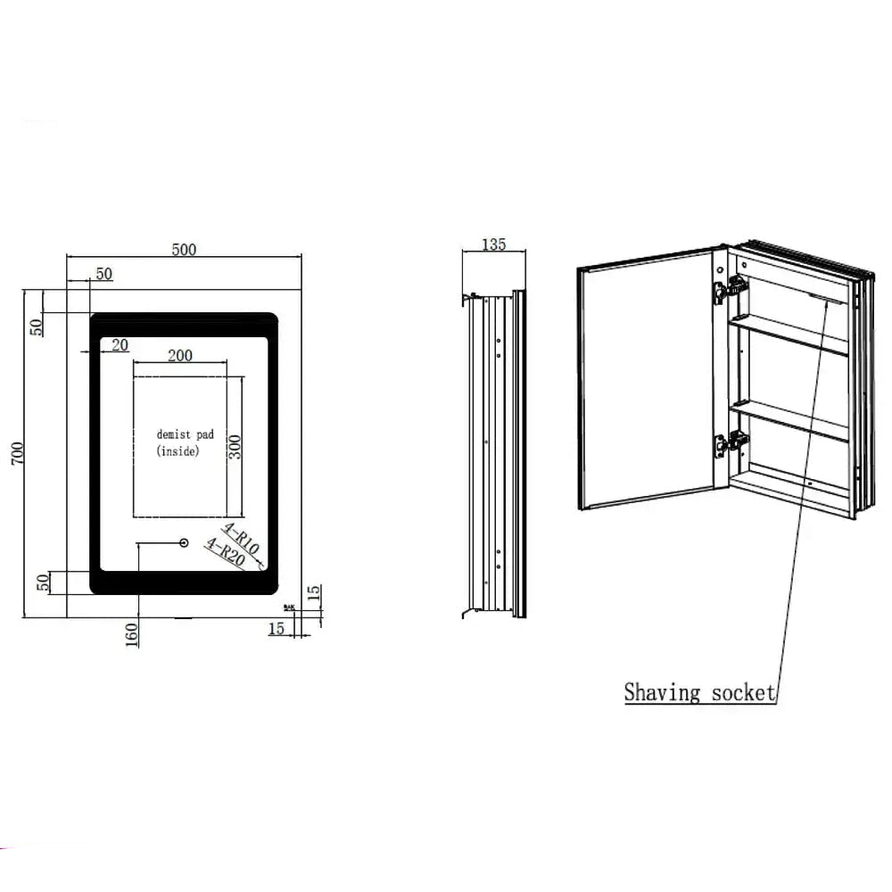 RAK Aphrodite Aluminium LED Mirror Cabinet with Demister Pad and Shaver Socket - 500 x 700mm - Tuskan Tiles