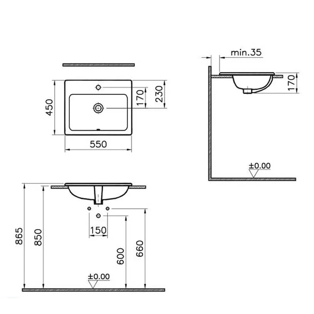 VitrA S20 White 550 x 450mm Inset Basin with Overflow - 1 Taphole