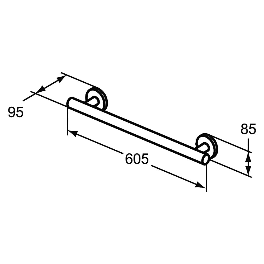 Chrome finish Armitage Shanks Contour-21 aluminium grab bar, 600 x 100mm, mounted on bathroom wall for support and safety.