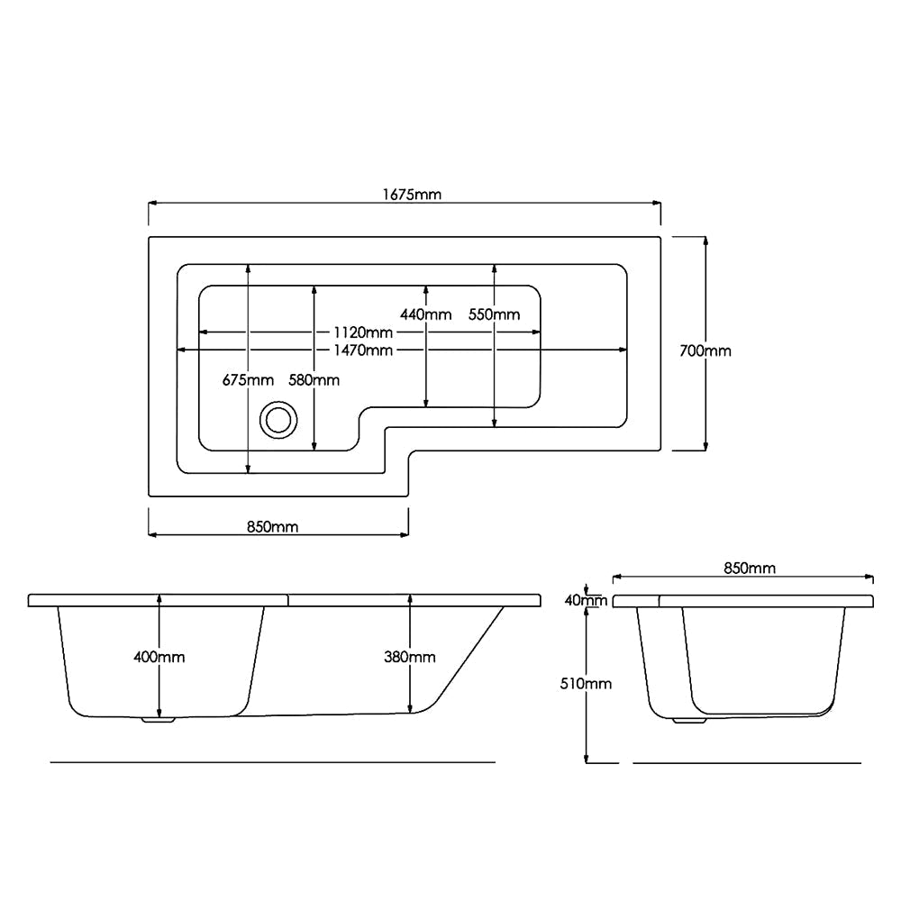 Tuskan Tiles Trojan Elite L-Shaped Shower Bath with cast acrylic encapsulated baseboard, dimensions 1675x850mm, in a modern bathroom setting.