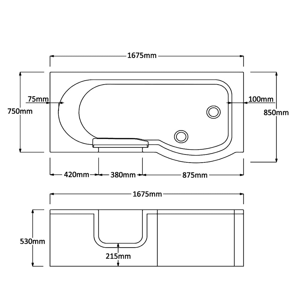 Tuskan Tiles Trojan Concert Easy Access P-Shaped Shower Bath with Screen, 1675x750mm, modern bathroom fixture