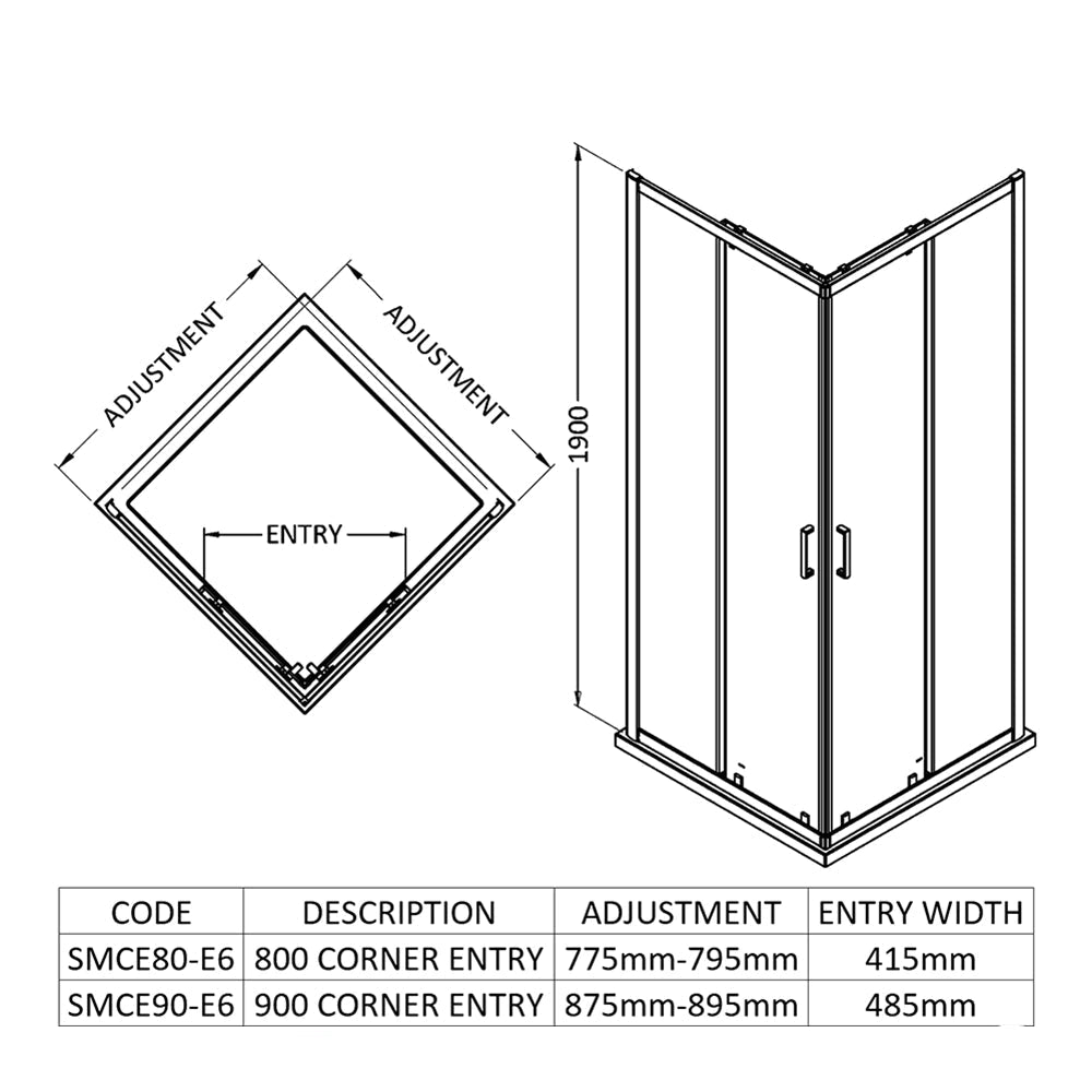 Nuie Rene Corner Entry Double Sliding Door Shower Cubicle - Aluminium Chrome Frame