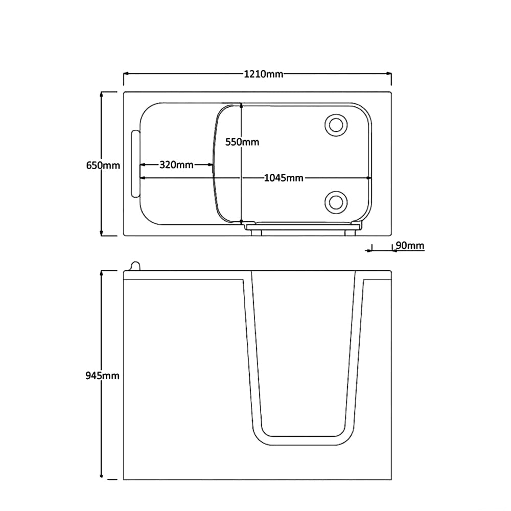 Trojan Comfort Easy Access Small Walk-In Bath with integrated seat, 1210x650mm, in a bathroom setting with tiled walls