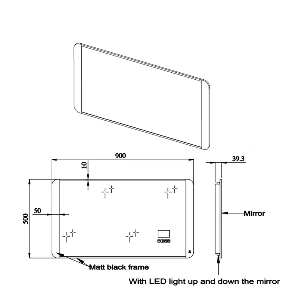 JTP DBI Digital Rectangular Matt Black Bluetooth LED Mirror with Demister - 900 x 500mm