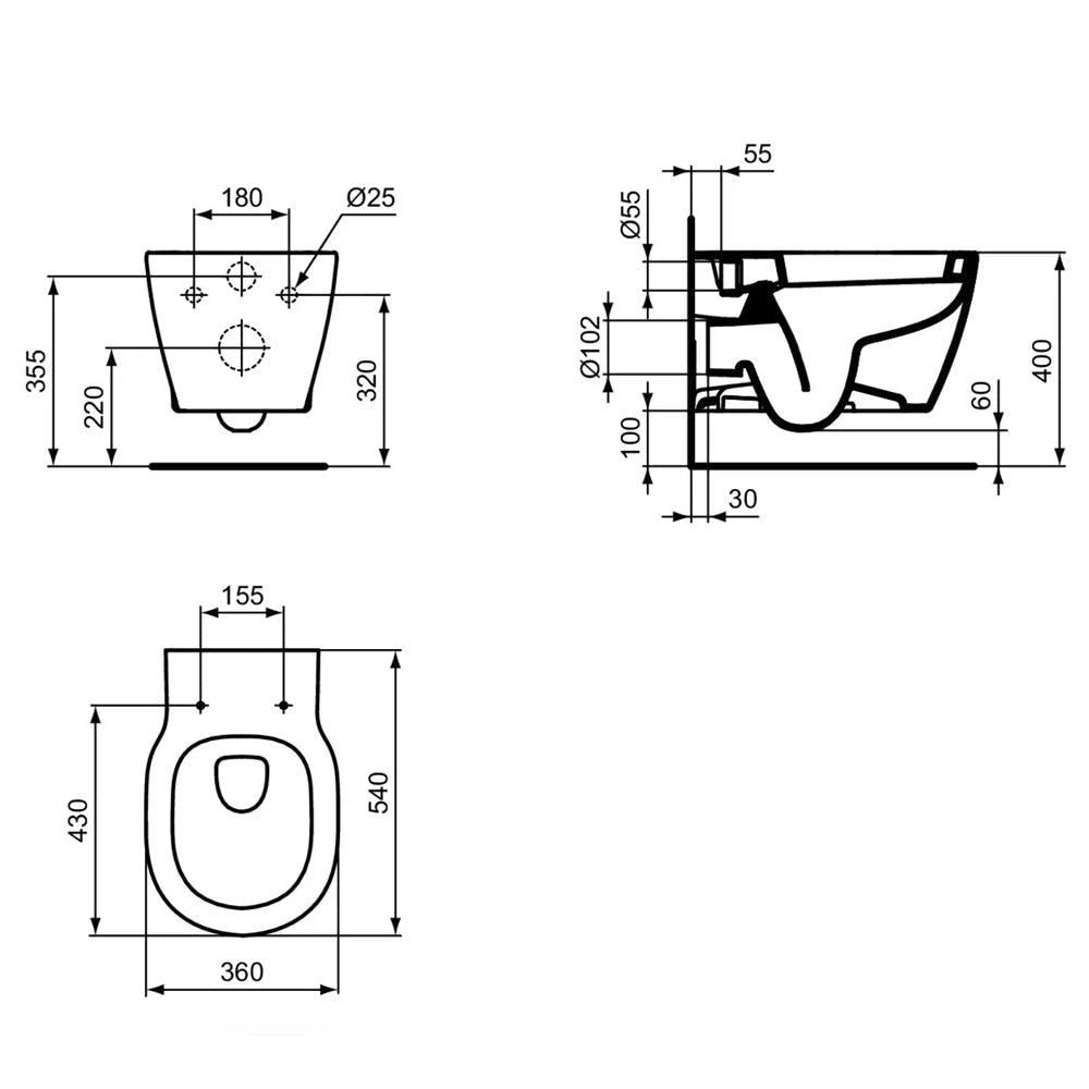 White wall-mounted WC pan from Ideal Standard Concept series, measuring 360x540mm, with a sleek, modern design.