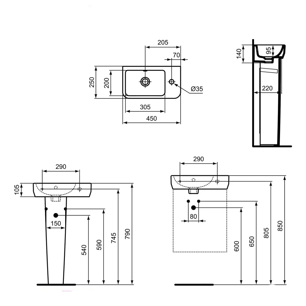 Ideal Standard I-Life S 450mm Right Hand 1 Taphole Guest Washbasin