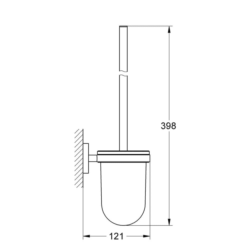 Chrome handle Grohe Essentials wall-mounted glass holder and toilet brush set displayed on a bathroom wall.
