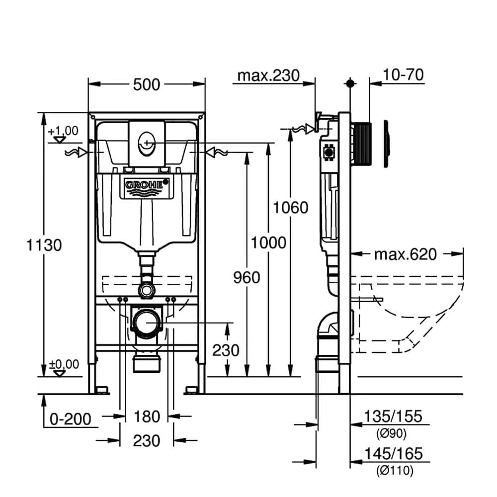 Grohe Rapid SL 3-in-1 Toilet Frame Set with Cistern and Shake Air Flush Plate - 500 x 1130mm