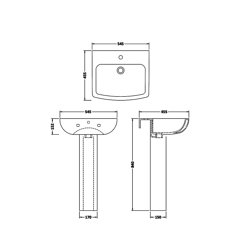 Nuie Ava 545mm Wide 1 Tap Hole White Basin With Full Pedestal