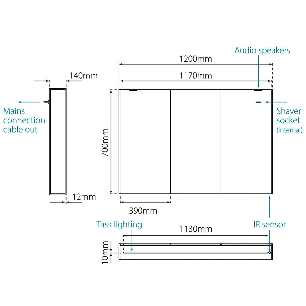 Sensio Ainsley Bluetooth LED Mirror Cabinet with Shaver Socket - 3 Door - 1200 x 700mm - Tuskan Tiles