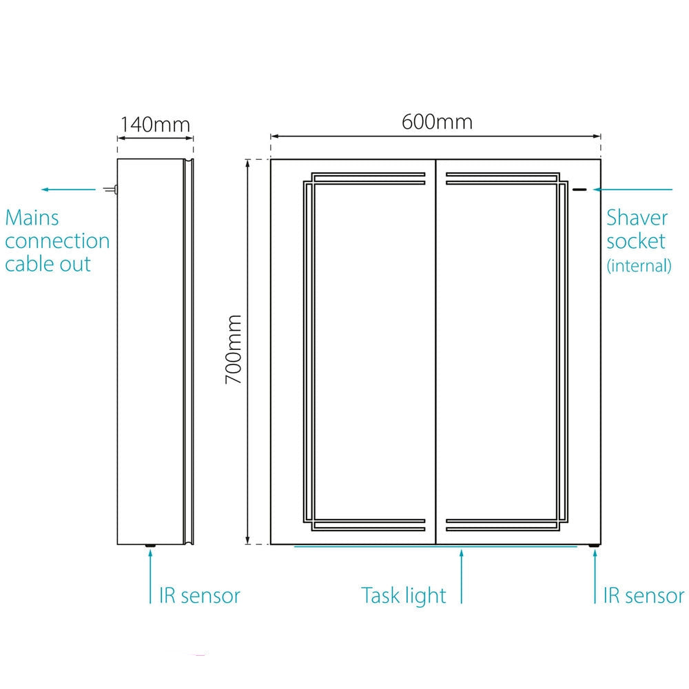 Sensio Harlow Aluminium Wall Hung Illuminated Mirror Cabinet with Socket - 2 Door - 600 x 700mm - Tuskan Tiles