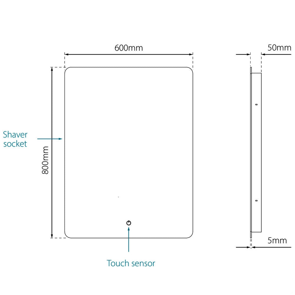 Sensio Reagan Rectangular LED Backlit Demister Mirror - Concealed Shaver Sockets - 600 x 800mm