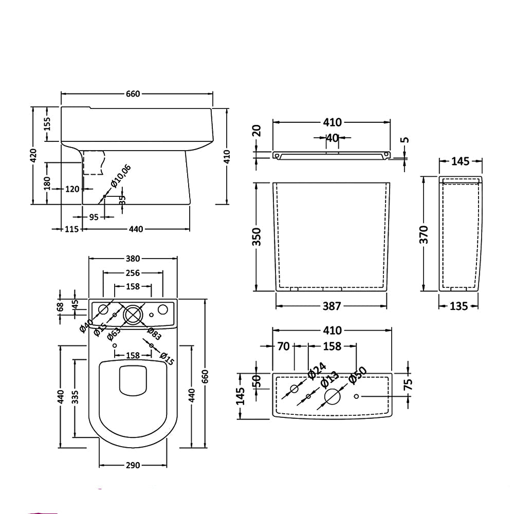 Nuie Ambrose white close-coupled toilet with cistern, semi-flush to wall, 380x660mm, in a modern bathroom setting