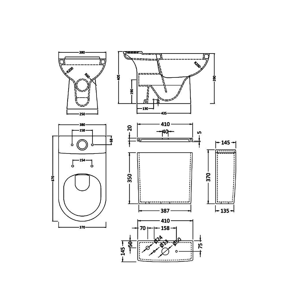 Nuie Asselby white close coupled WC pan with cistern, open back design, 410x670mm, featuring modern bathroom style