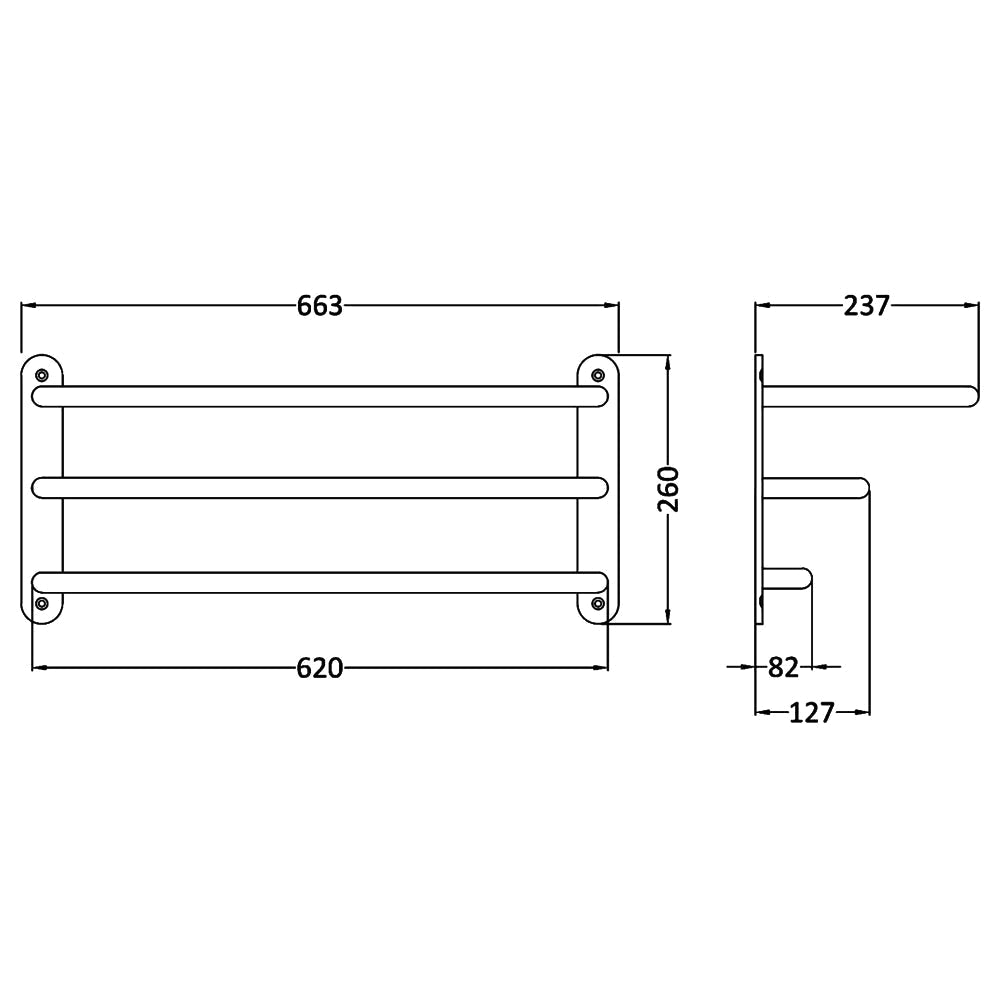 Chrome towel rack with three tiers, 663mm wide, designed for bathroom storage by Tuskan Tiles, with modern chrome finish.