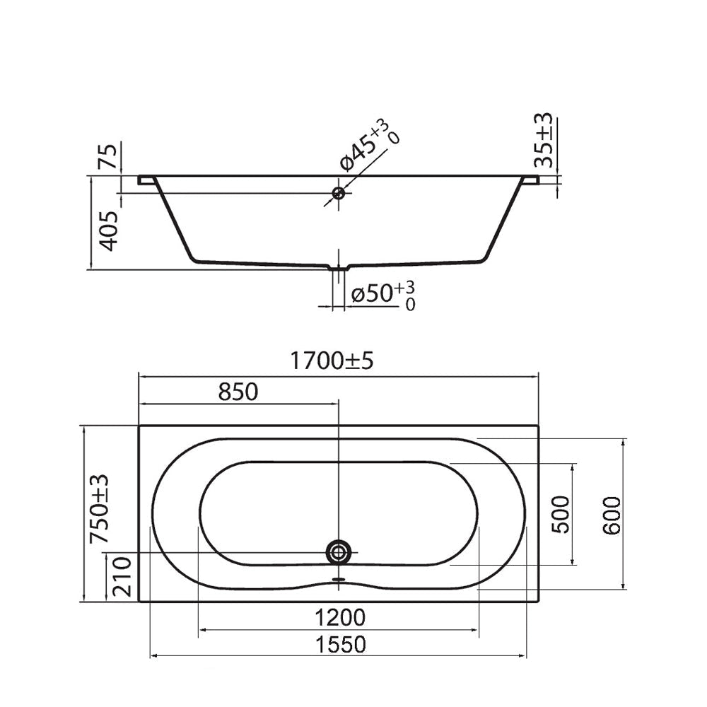 White double-ended bath tub by IMEX Wave Premiercast with leg pack, measuring 1700 x 750mm, shown in a modern bathroom setting.