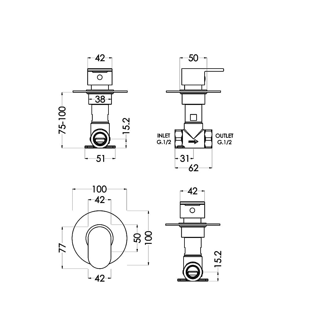 Nuie Arvan Round Concealed 2-3-4 Diverter Way Chrome