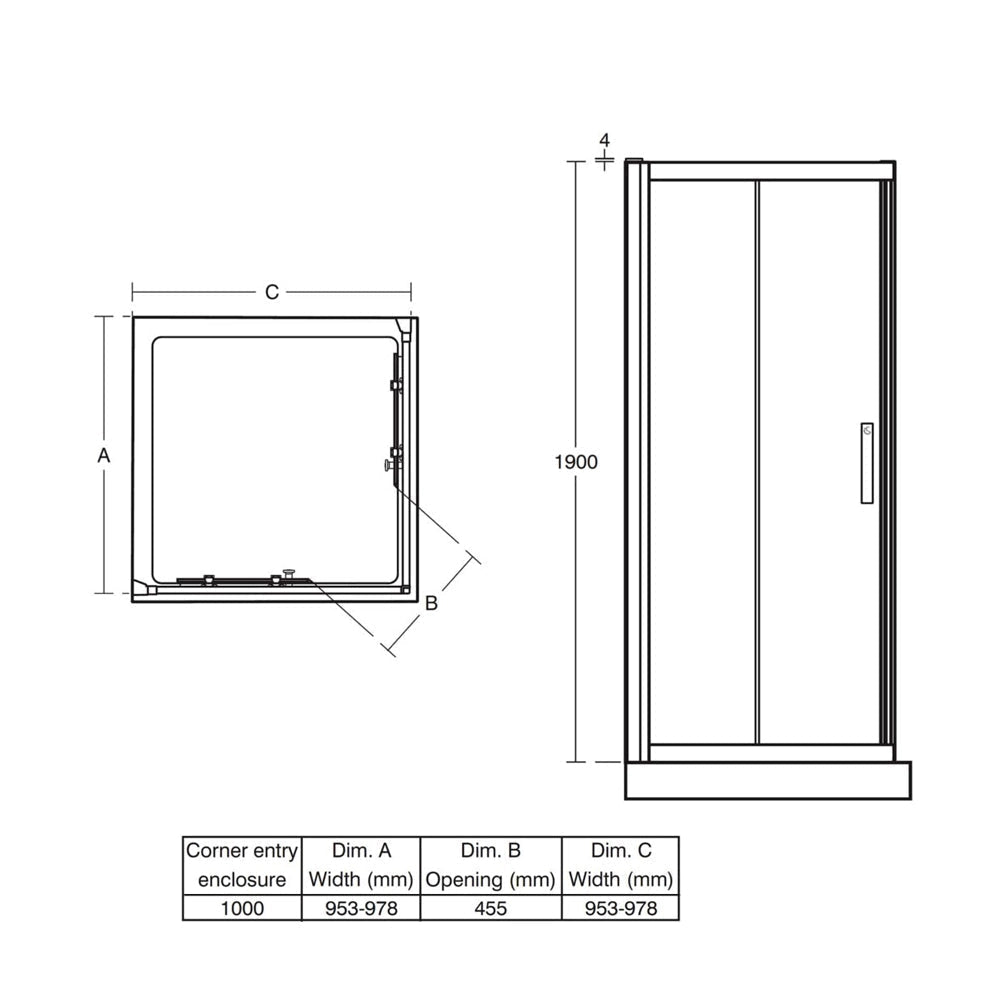 Ideal Standard Synergy sliding corner shower enclosure with two doors and silver frame, measuring 1000x1900mm.