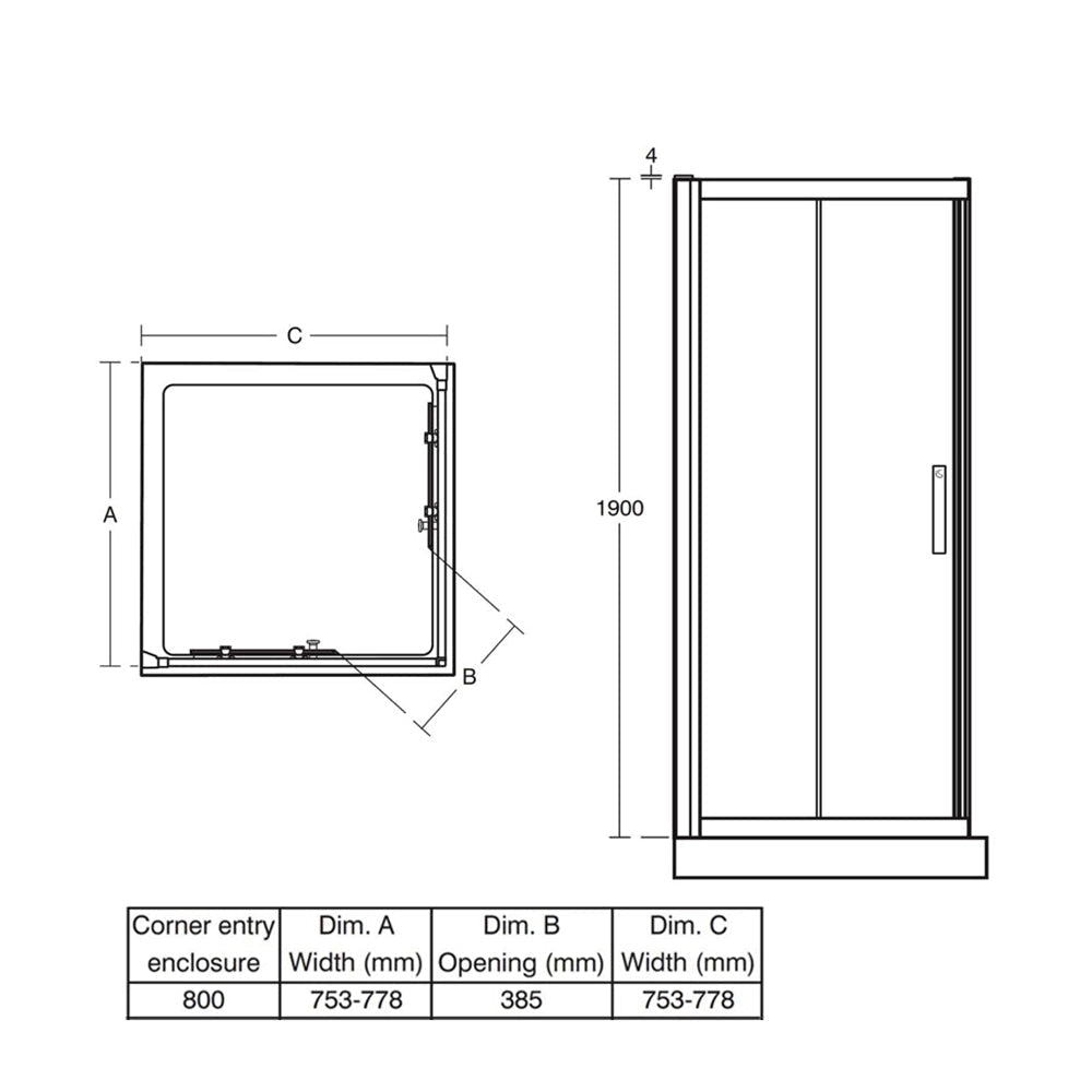 Silver frame Ideal Standard Synergy corner sliding shower cubicle with 800x1900mm glass panels and L-shaped design.