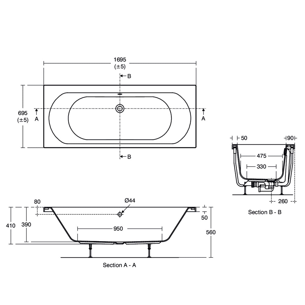 Ideal Standard Tesi 1700 x 700mm White Double-Ended Idealform Plus Bath