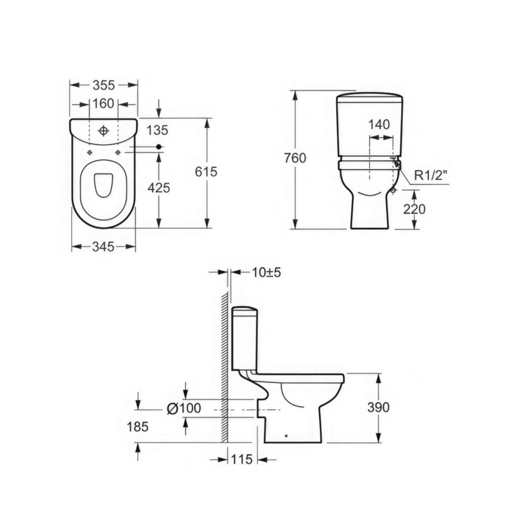 White compact close coupled WC with dual flush cistern by Tuskan Tiles, 355 x 610mm, modern bathroom fixture