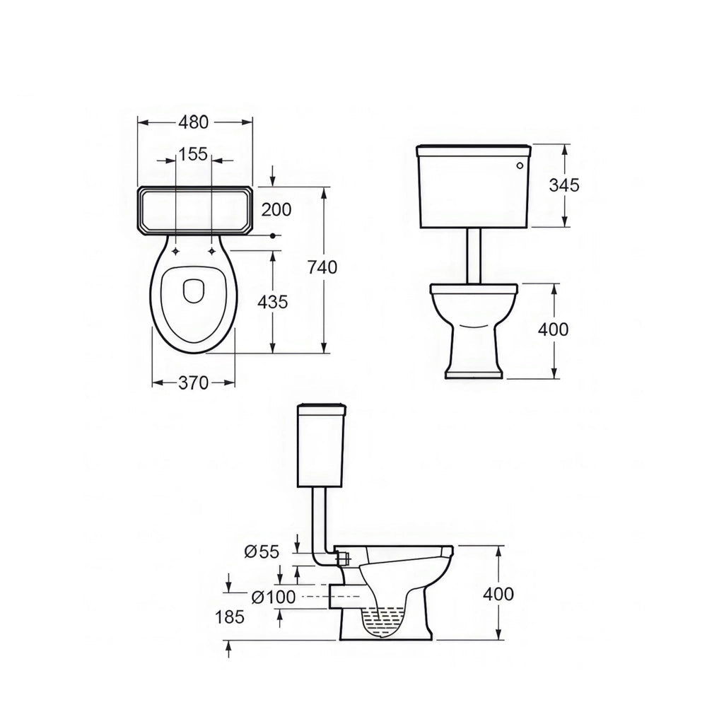 Traditional white WC pan with cistern and flush pipe kit, low level design, 520x525mm, by Tuskan Tiles.