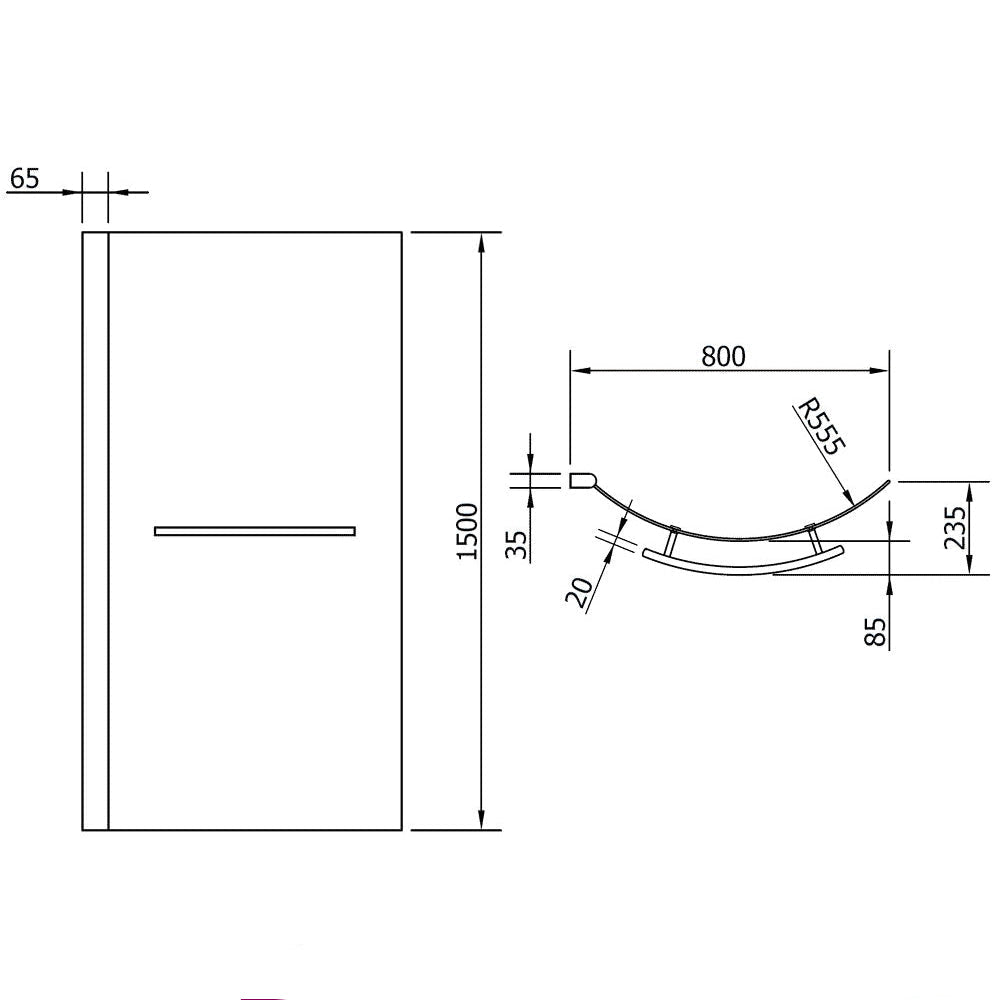 IMEX Arco Universal Frameless Curved Bath Screen with Towel Rail - Pivot - 800 x 1500mm