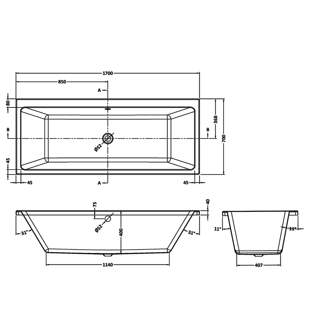 Nuie Asselby Double Ended Thin Edge Bath with Leg Set - White - 4mm Acrylic - 1700 x 700mm