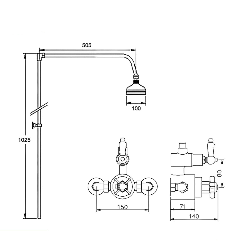 Nuie Edwardian Traditional Exposed Thermostatic Chrome Mixer Valve with Rigid Riser and Shower Head