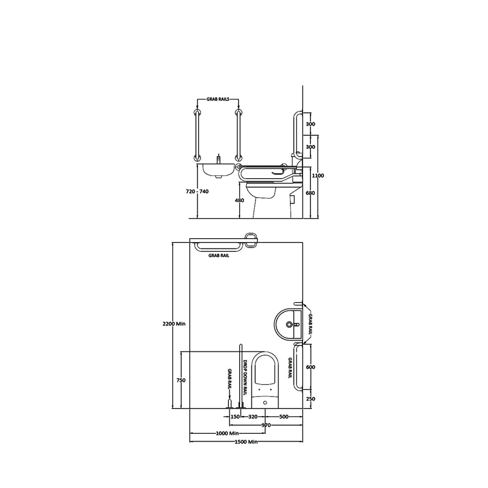Nuie Doc-M white basin and toilet pack with grab bar and rails, designed for accessible bathroom use by Tuskan Tiles.