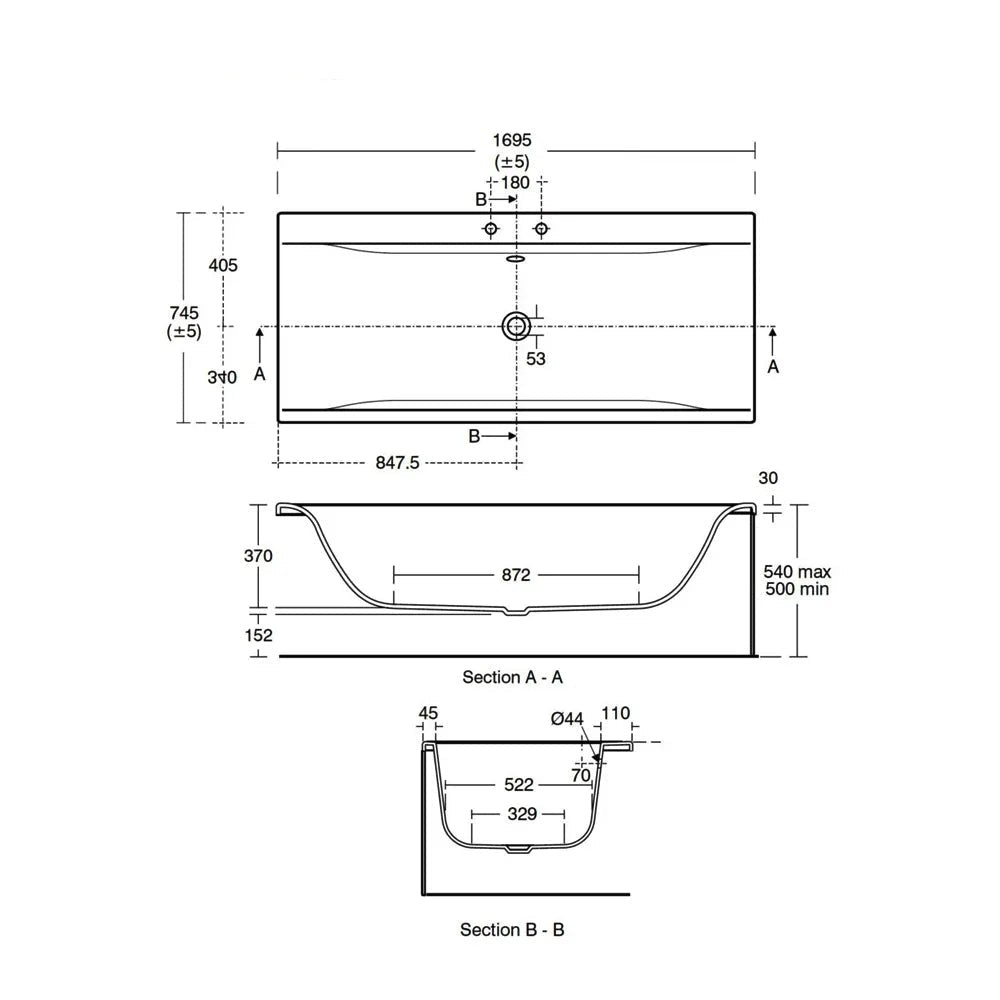 Ideal Standard Concept Idealform double-ended rectangular bath, 1700 x 750mm, shown in a modern bathroom setting.